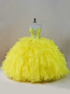 Yellow Sweetheart Neckline Beading and Ruffles Quinceanera Gown Sleeveless Lace Up