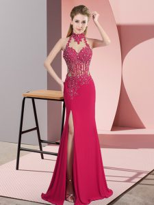 Free and Easy Hot Pink Sleeveless Floor Length Beading Backless Evening Gowns