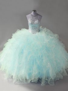 Eye-catching Light Blue Lace Up Halter Top Beading and Ruffles 15 Quinceanera Dress Tulle Sleeveless
