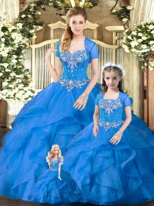 Ball Gowns Sweet 16 Dresses Blue Sweetheart Tulle Sleeveless Floor Length Lace Up