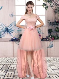 Cheap Pink Short Sleeves High Low Lace and Hand Made Flower Lace Up Prom Gown