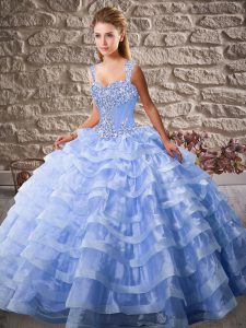 New Style Straps Sleeveless Quinceanera Gown Court Train Beading and Ruffled Layers Lavender Organza