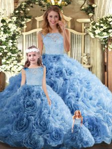 Charming Baby Blue Ball Gowns Lace Ball Gown Prom Dress Zipper Fabric With Rolling Flowers Sleeveless Floor Length