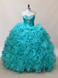 Smart Floor Length Aqua Blue 15 Quinceanera Dress Fabric With Rolling Flowers Sleeveless Ruffles and Sequins