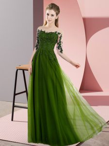 Olive Green Empire Bateau Half Sleeves Chiffon Floor Length Lace Up Beading and Lace Quinceanera Dama Dress