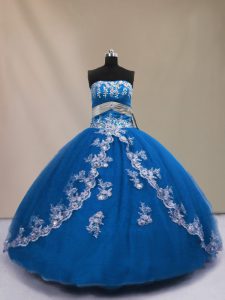 Blue Tulle Lace Up Quinceanera Gowns Sleeveless Floor Length Appliques