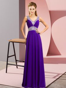 Purple V-neck Lace Up Beading Prom Evening Gown Sleeveless