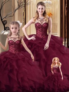 Burgundy Sleeveless Beading and Ruffles Lace Up Quinceanera Dresses