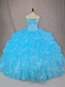 Custom Designed Blue Lace Up Strapless Beading and Ruffles Quince Ball Gowns Organza Sleeveless