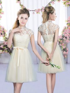 Low Price Champagne Tulle Lace Up Dama Dress for Quinceanera Cap Sleeves Mini Length Lace and Bowknot