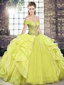 Yellow Sleeveless Floor Length Beading and Ruffles Lace Up Quinceanera Dress