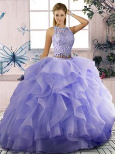 Superior Lavender Sleeveless Beading and Ruffles Zipper 15th Birthday Dress