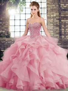 Elegant Pink Sweetheart Neckline Beading and Ruffles Quinceanera Dresses Sleeveless Lace Up