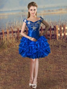 Royal Blue Ball Gowns Off The Shoulder Sleeveless Organza Knee Length Lace Up Embroidery and Ruffles Evening Dress
