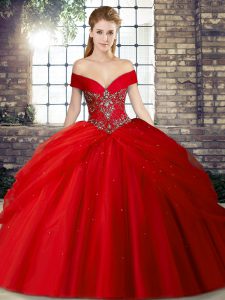 Custom Fit Red Tulle Lace Up Off The Shoulder Sleeveless Vestidos de Quinceanera Brush Train Beading and Pick Ups