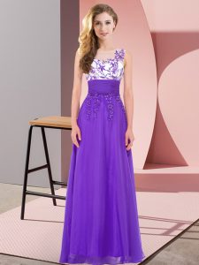 Fabulous Purple Empire Appliques Quinceanera Court of Honor Dress Backless Chiffon Sleeveless Floor Length