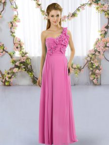Sophisticated One Shoulder Sleeveless Dama Dress for Quinceanera Floor Length Hand Made Flower Rose Pink Chiffon