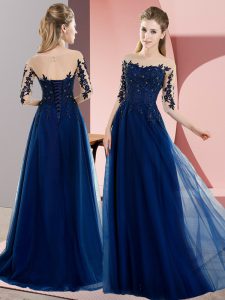 Navy Blue Dama Dress Wedding Party with Beading and Lace Bateau Half Sleeves Lace Up