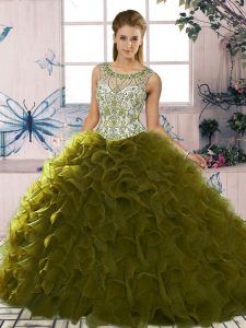 Olive Green Scoop Lace Up Beading and Ruffles Sweet 16 Quinceanera Dress Sleeveless