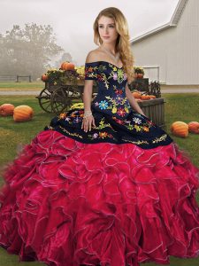 Red And Black Organza Lace Up Quinceanera Gown Sleeveless Floor Length Embroidery and Ruffles
