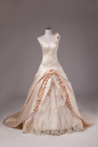 Satin One Shoulder Sleeveless Brush Train Lace Up Embroidery and Hand Made Flower Sweet 16 Dresses in Champagne