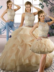 Fantastic Two Pieces Sweet 16 Quinceanera Dress Champagne Scoop Tulle Sleeveless Floor Length Zipper
