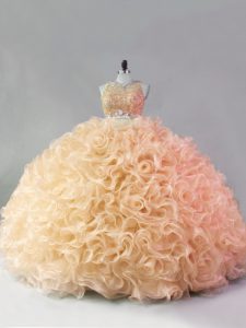 Sleeveless Fabric With Rolling Flowers Floor Length Zipper Sweet 16 Quinceanera Dress in Gold with Beading and Ruffles