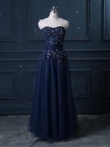 Fantastic Floor Length Column/Sheath Sleeveless Navy Blue Prom Dress Zipper
