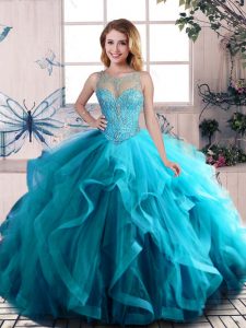 Scoop Sleeveless Quinceanera Gowns Floor Length Beading and Ruffles Aqua Blue Tulle
