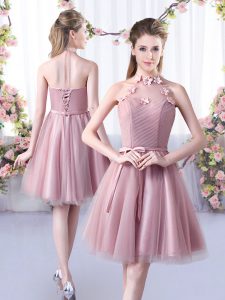 Popular Pink Tulle Lace Up Halter Top Sleeveless Knee Length Quinceanera Court of Honor Dress Appliques and Belt