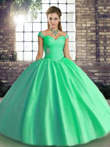 Floor Length Turquoise Quince Ball Gowns Tulle Sleeveless Beading
