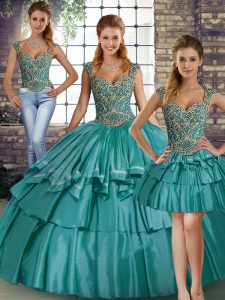 Teal Taffeta Lace Up 15 Quinceanera Dress Sleeveless Floor Length Beading and Ruffled Layers
