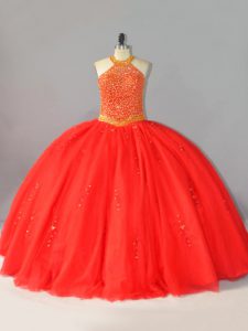 Ball Gowns 15th Birthday Dress Coral Red Halter Top Tulle Sleeveless Floor Length Lace Up
