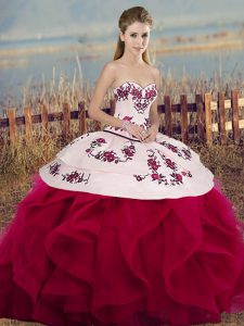 Exceptional White And Red Sleeveless Floor Length Embroidery and Ruffles and Bowknot Lace Up Sweet 16 Quinceanera Dress