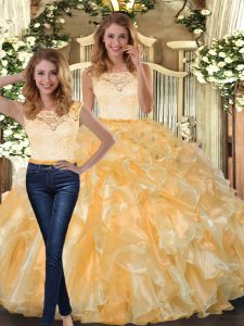 Exceptional Organza Scoop Sleeveless Clasp Handle Lace and Ruffles Vestidos de Quinceanera in Gold