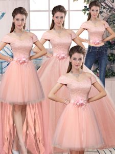 Pink Ball Gowns Off The Shoulder Short Sleeves Tulle Floor Length Lace Up Lace and Hand Made Flower 15th Birthday Dress