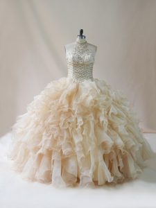 Sophisticated Halter Top Sleeveless Lace Up Quinceanera Dress Champagne Organza