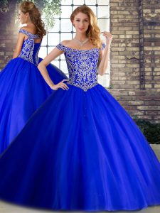 Royal Blue Ball Gowns Tulle Off The Shoulder Sleeveless Beading Lace Up Quince Ball Gowns Brush Train