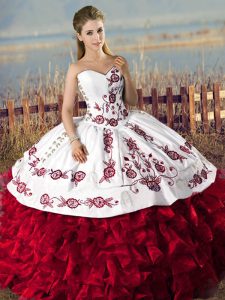 Red Ball Gowns Embroidery and Ruffles Quinceanera Dresses Lace Up Organza Sleeveless Floor Length