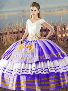 Sophisticated White And Purple V-neck Neckline Embroidery and Ruffled Layers Vestidos de Quinceanera Sleeveless Lace Up