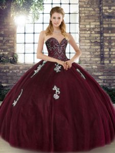 Excellent Burgundy Sleeveless Floor Length Beading and Appliques Lace Up Quinceanera Dress
