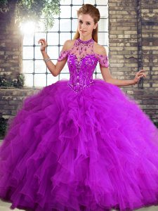 Sleeveless Floor Length Beading and Ruffles Lace Up Sweet 16 Dress with Purple