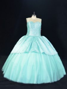 Super Scoop Sleeveless Lace Up Quinceanera Dress Aqua Blue Satin and Tulle