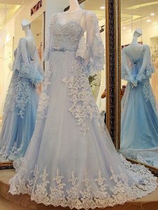 Light Blue Long Sleeves Court Train Lace and Appliques and Belt Evening Wear