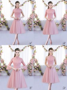 Fashionable Pink Zipper High-neck Lace Court Dresses for Sweet 16 Tulle Cap Sleeves