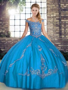 Luxury Beading and Embroidery Ball Gown Prom Dress Blue Lace Up Sleeveless Floor Length