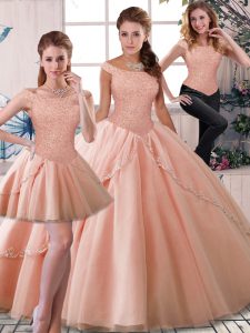 Peach Sleeveless Tulle Brush Train Lace Up Quinceanera Gowns for Military Ball and Sweet 16 and Quinceanera