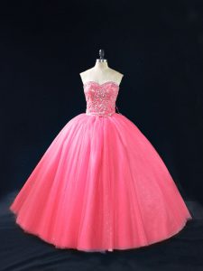 Sleeveless Tulle Floor Length Side Zipper Quinceanera Gown in Hot Pink with Beading