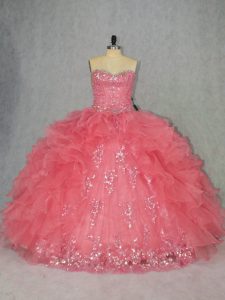 Wonderful Sleeveless Organza Floor Length Lace Up 15 Quinceanera Dress in Watermelon Red with Beading and Ruffles