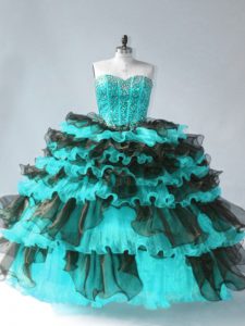 High End Organza Sweetheart Sleeveless Lace Up Beading and Ruffled Layers Ball Gown Prom Dress in Blue And Black